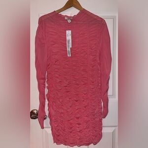 Women's Pink Sheer Ruched Long Sleeve Beach Cover Up Large NWT